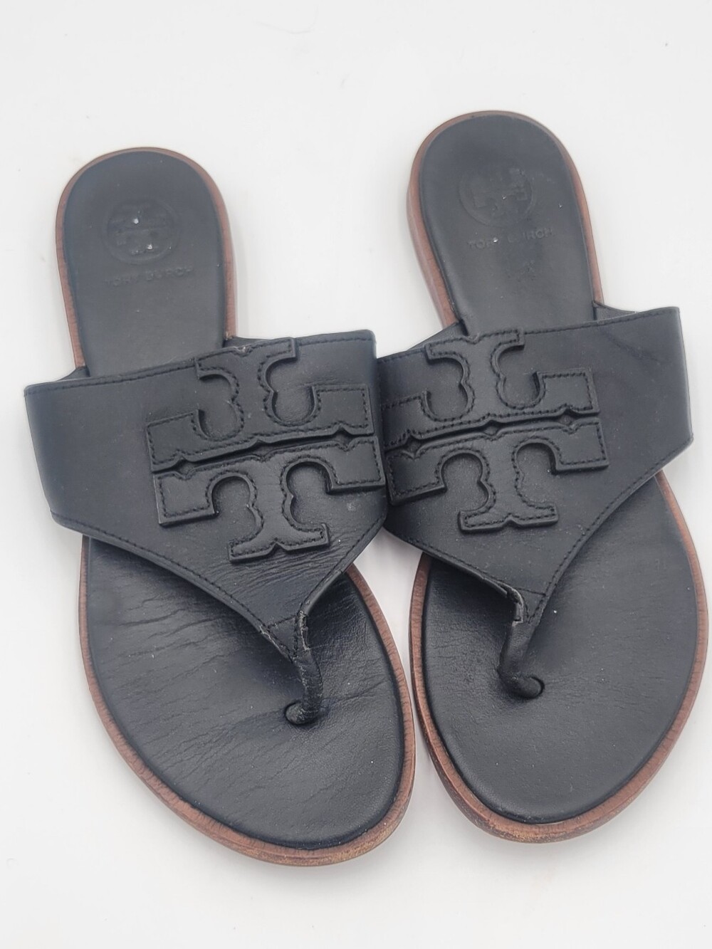 Tory Burch Size 7 Weston Black Logo Thong Sandals